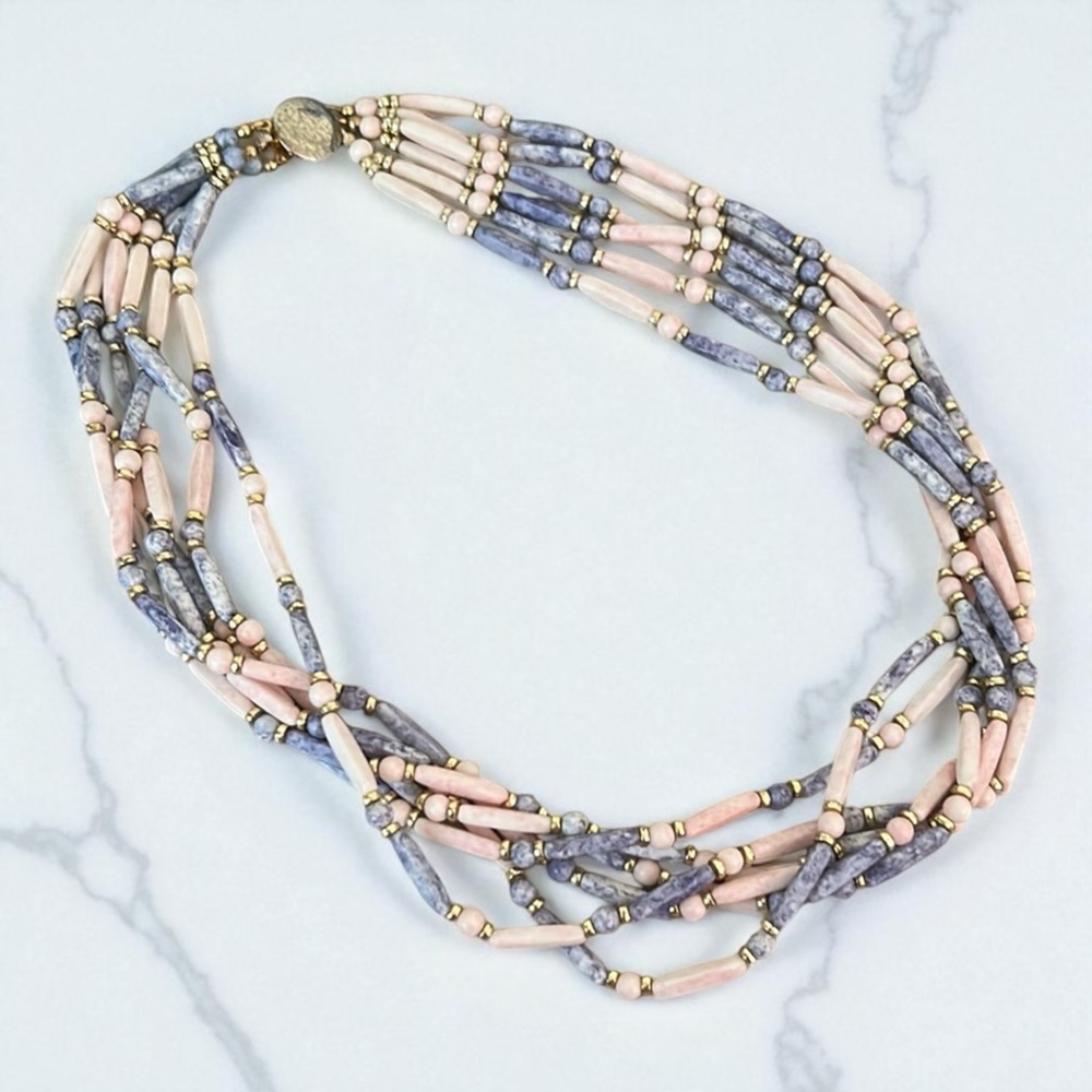 Vintage Elegant Pink and Purple Blue Plastic Beaded Necklace